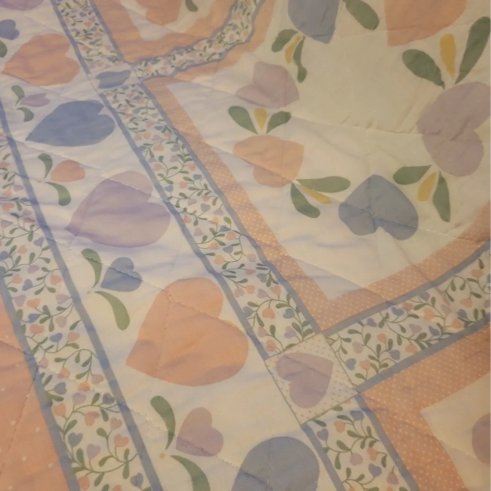 Patchwork Grandma Country Cottage Farmhouse Quilt Coverlet Hearts Queen Pink VTG